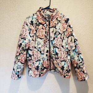 SOFT SURROUNDINGS Black Floral Puffer Jacket Medium Full Zipper